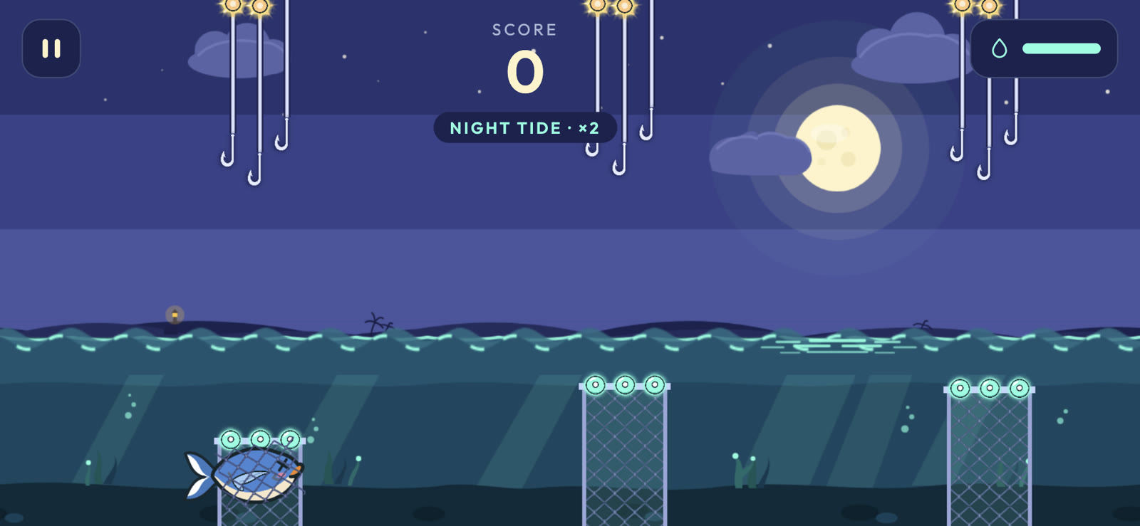 Night Tide: indigo sky, a full moon and glowing nets