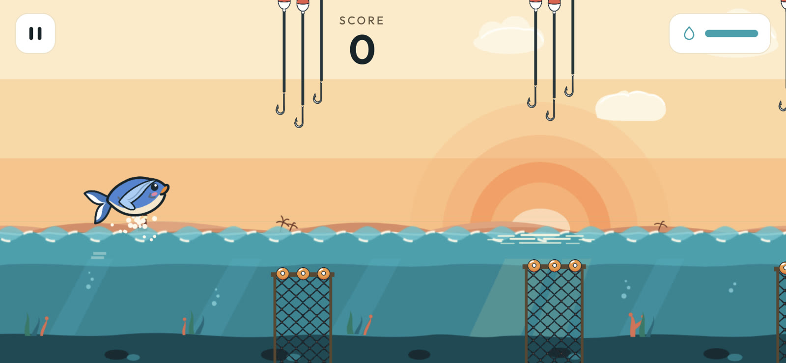 The flying fish leaping out of a golden-hour sea between hooks and nets